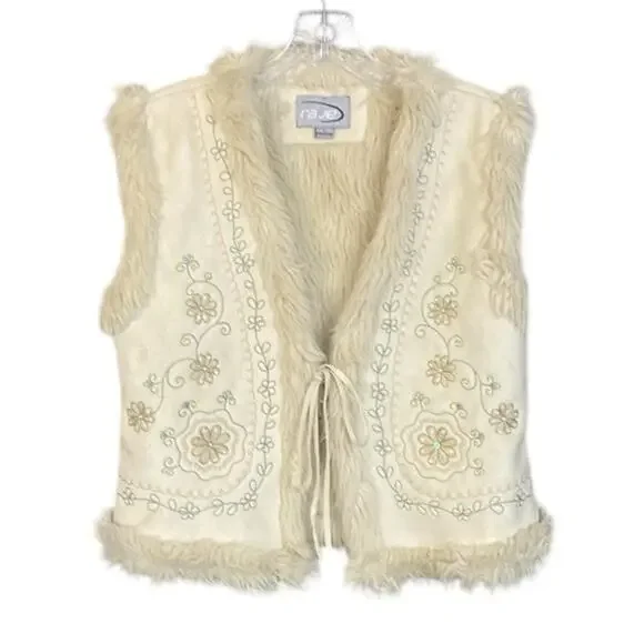Vintage Rave Y2K Faux Suede and Shearling Embroidered Embellished Cream Vest XL - Picture 2 of 7
